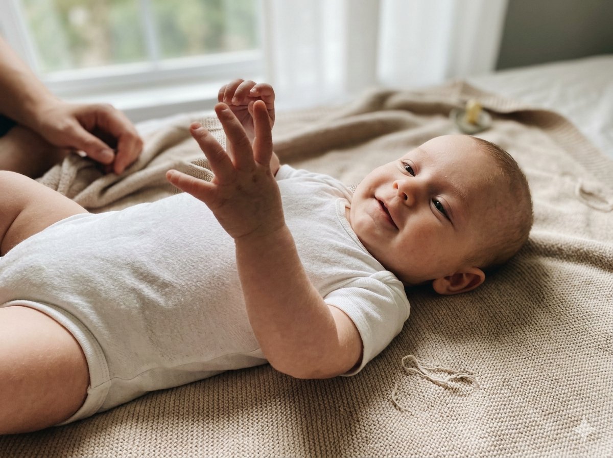 Bebis på 3 månader som ler under babyfotografering i studio med mjukt naturligt ljus