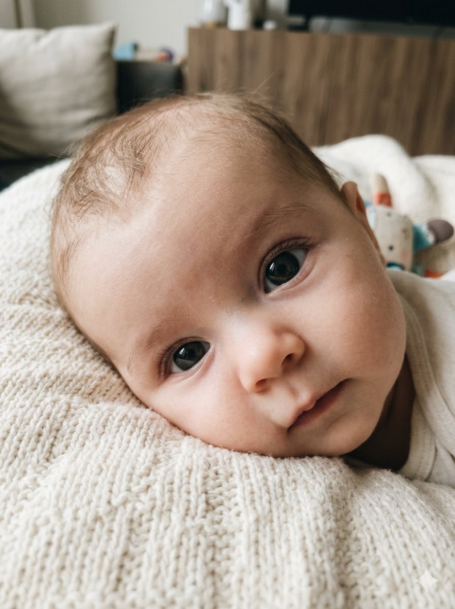 Bebis på 3 månader vaken på magen, lyfter huvudet under babyfotografering lifestyle