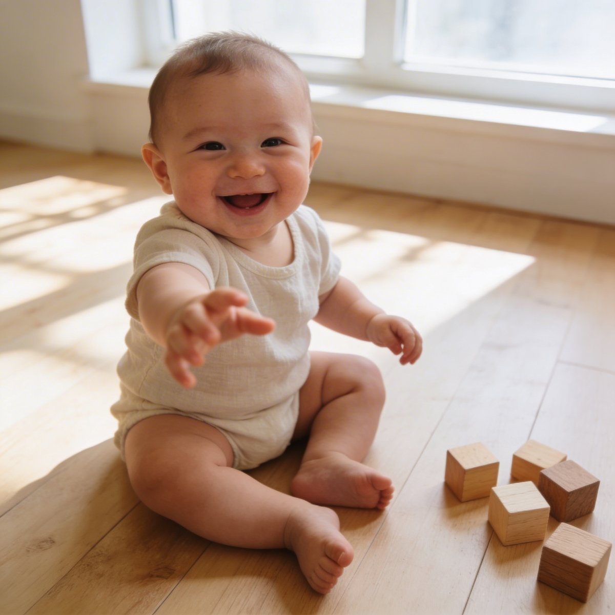 Bebis på 6–9 månader som sitter helt självständigt med ett stort leende under en babyfotografering