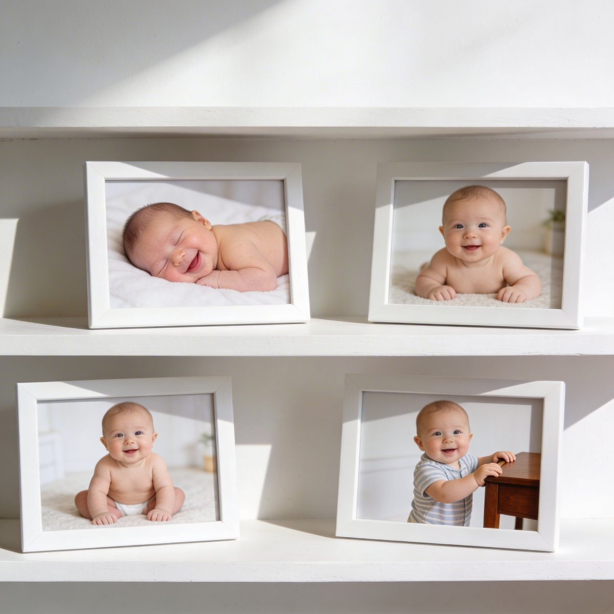 Illustrerad kalender över olika åldrar för babyfotografering från 0 till 12 månader