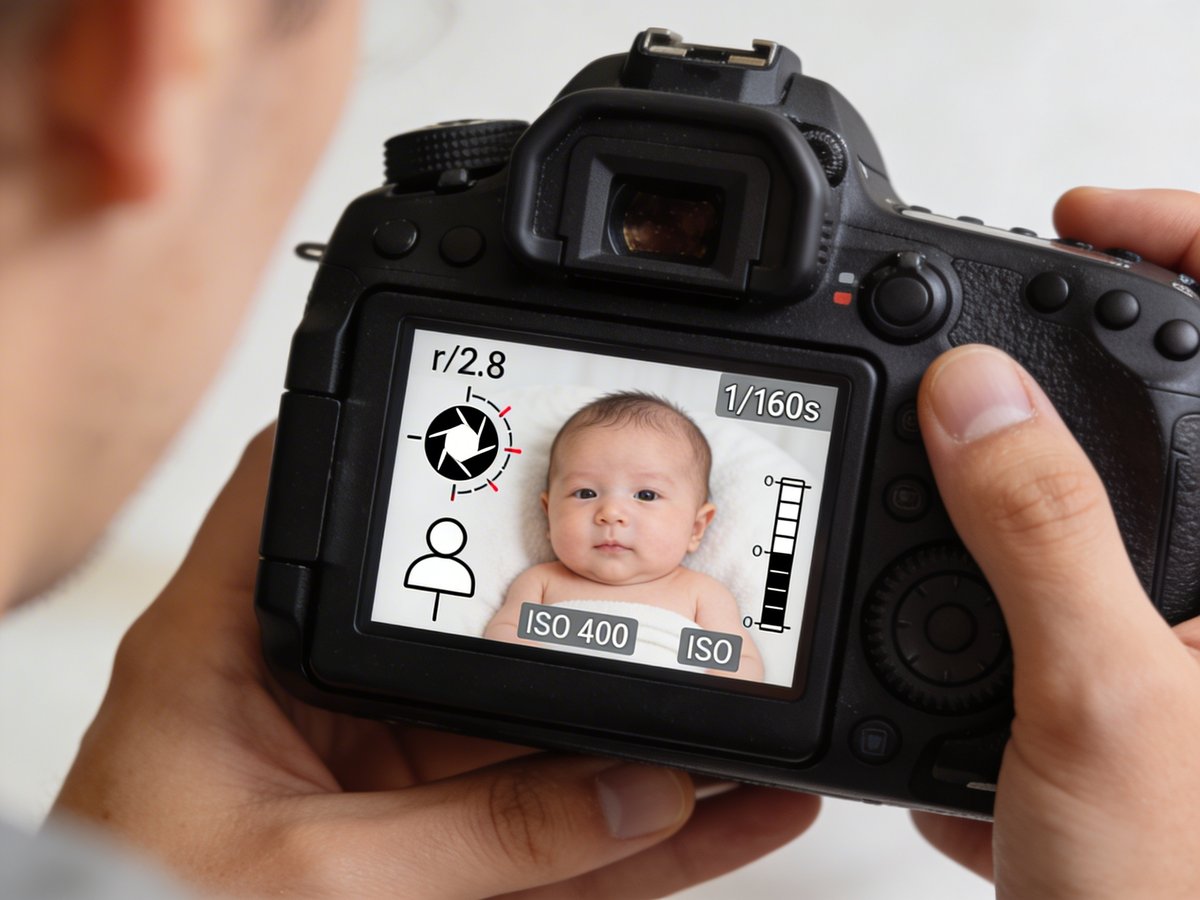 Kameraskärm som visar rekommenderade inställningar för att fotografera en bebis