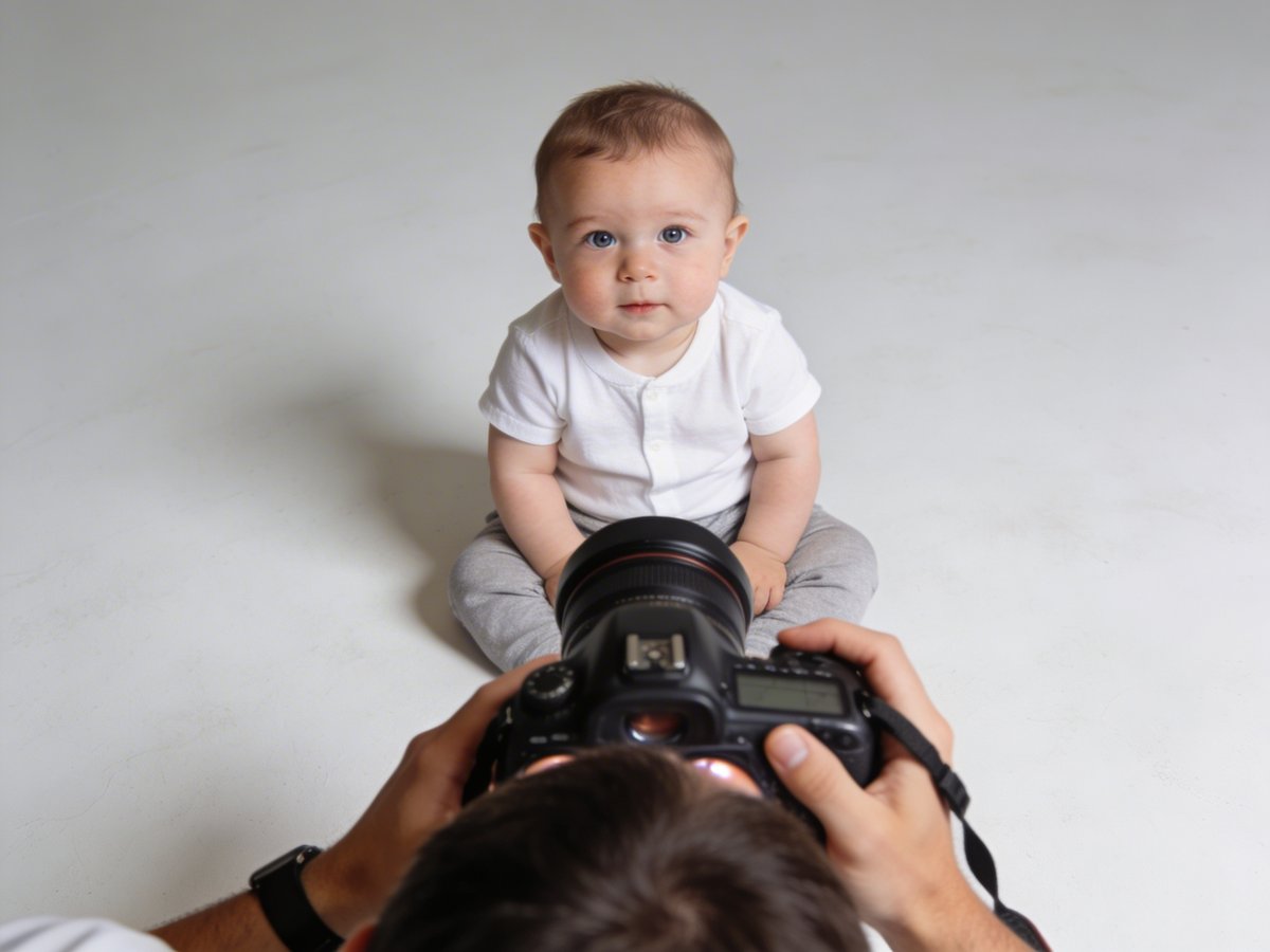 Fotograf i ögonhöjd med bebisen för optimal komposition