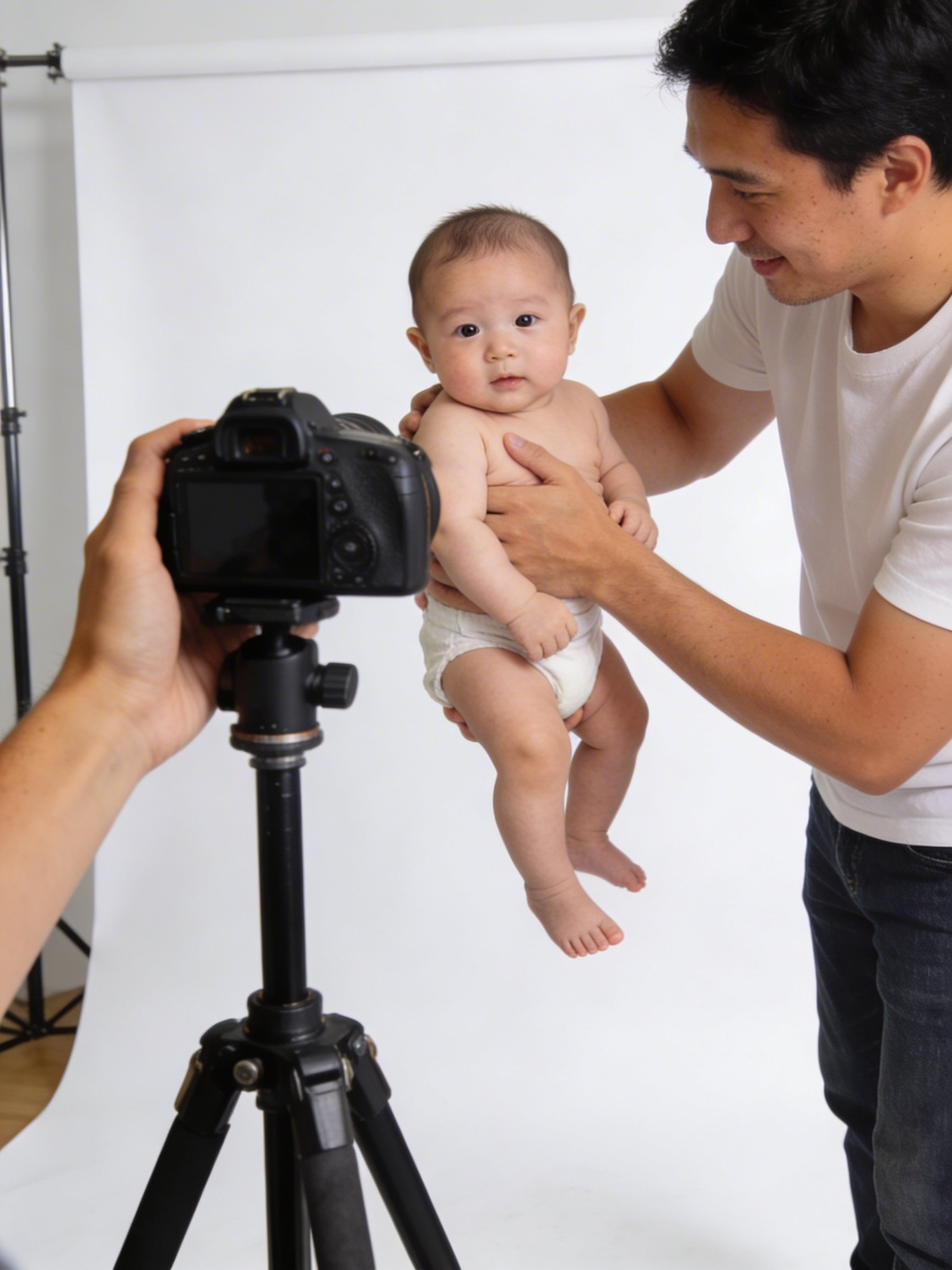 Professionell babyfotograf tar passfoto av baby med anpassad utrustning