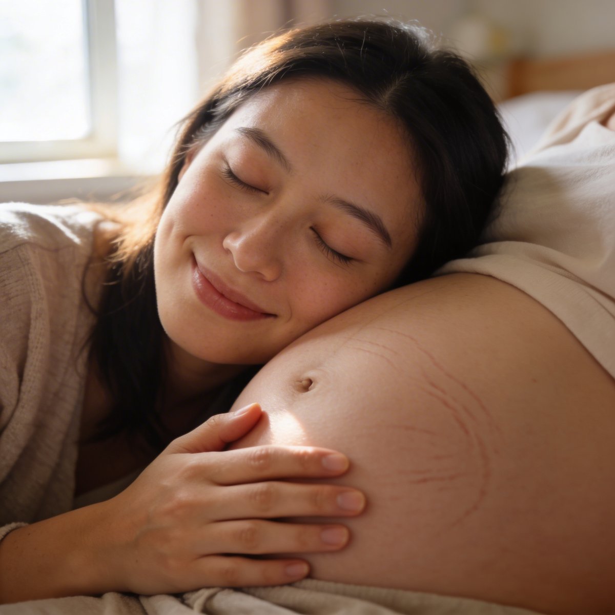 Gravid kvinna i ett stilla ögonblick med mjukt naturligt ljus