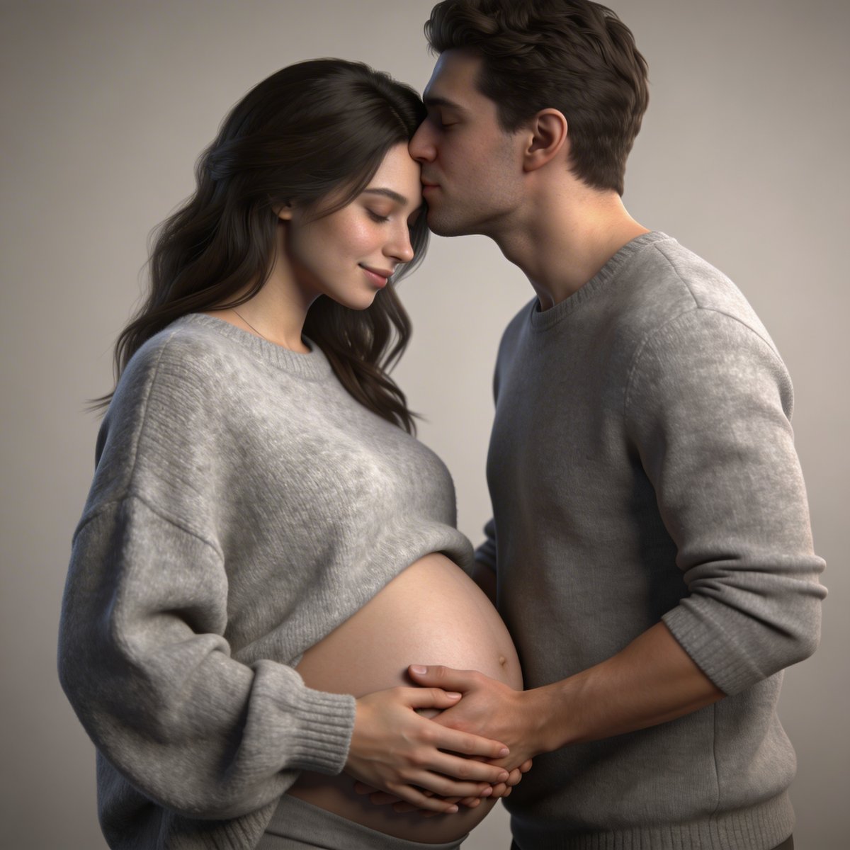 Olika klassiska poser för gravidfotografering: profil, händer på magen, par