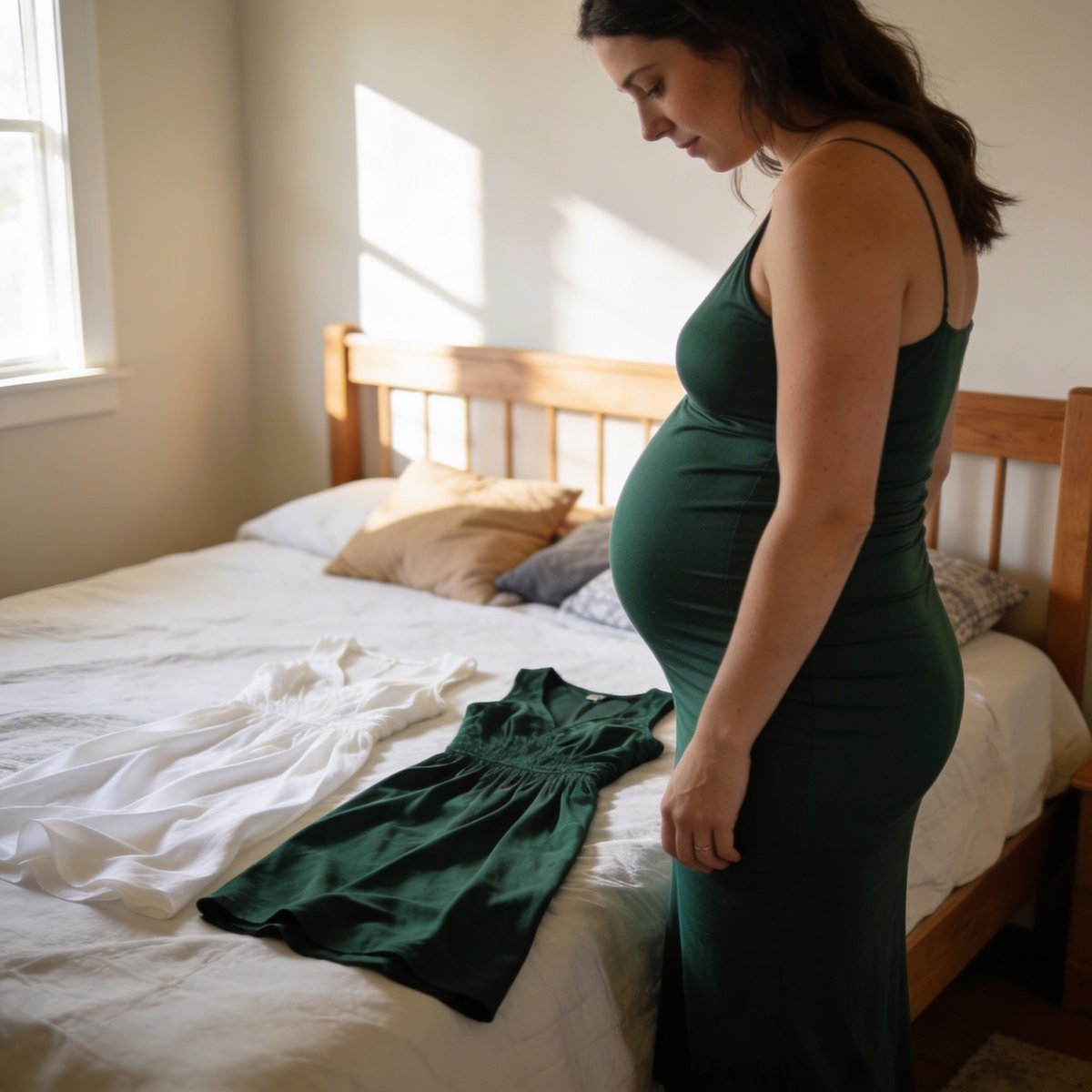 Blivande mamma som förbereder sin gravidfotografering med kläder och accessoarer