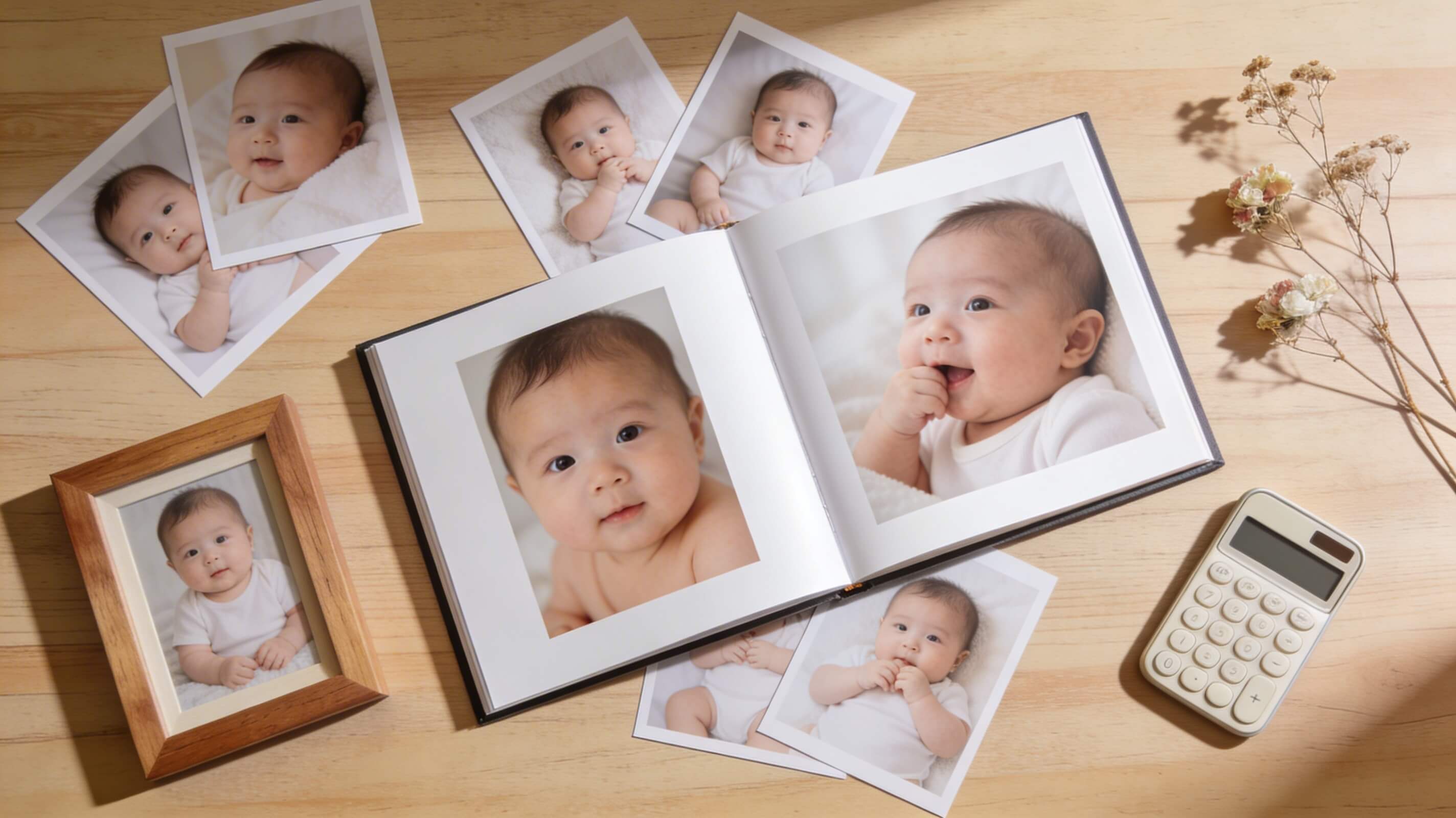 Flat lay på ett träbord med ett öppet babyalbum, fotoutskrifter, en fotoram och en miniräknare, illustrerande prisbilden för babyfotografering i Sverige