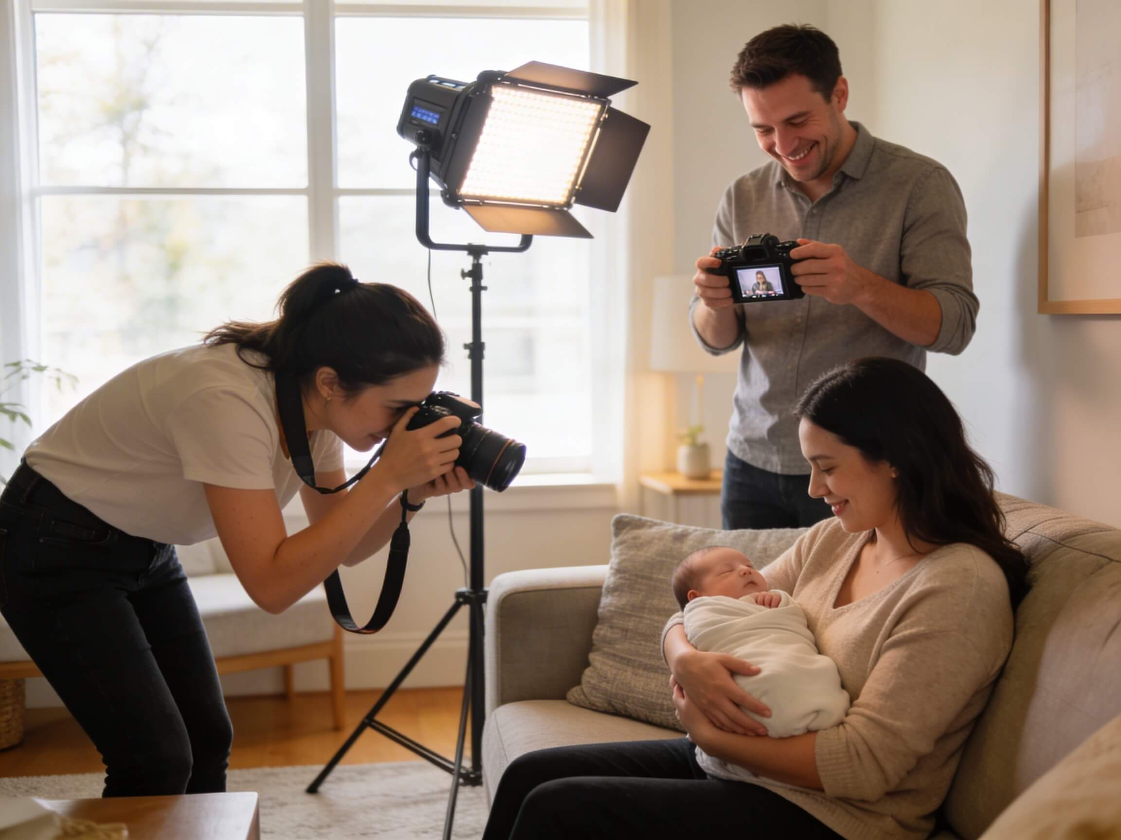 Professionell fotograf i aktion under en nyföddfotografering hemma, med portabel belysning och assistent, som fångar bebisen i mammas armar på en soffa i ett ljust vardagsrum