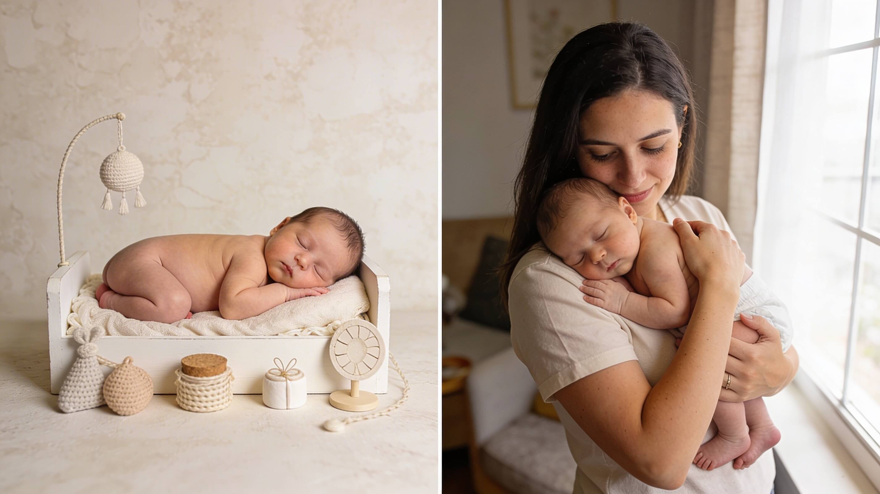 Jämförelse sida vid sida: till vänster en konstnärlig studio-posing av en sovande nyfödd i en vit korg med accessoarer, till höger ett naturligt lifestyle-foto av en mamma som varsamt håller sin bebis nära ett fönster